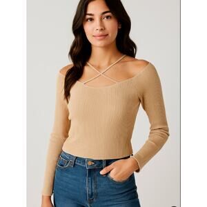Bohme Women’s XS Beige Ribbed Long Sleeve Off Shoulder Criss Cross Strap Top